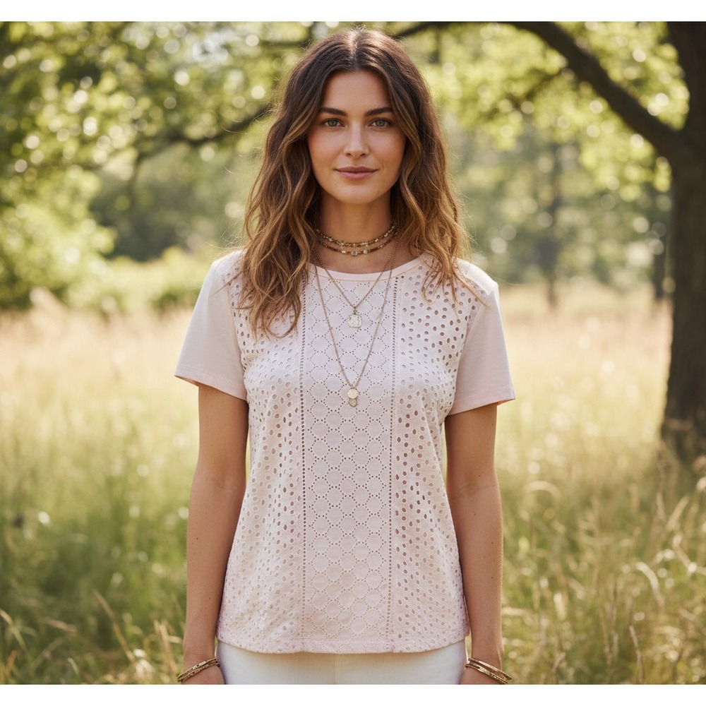 Joe Fresh M Tee Top Pink Peach Lace Knit Cottage Boho Coquette Soft Girl Pastel‎